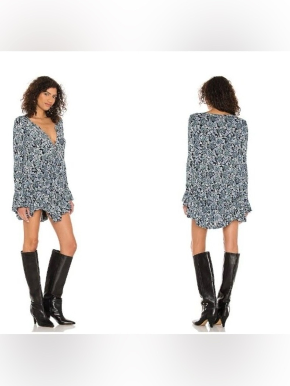Free People Olivia Printed Ruffle Tunic Top, Floral Babydoll Mini Dress, Small